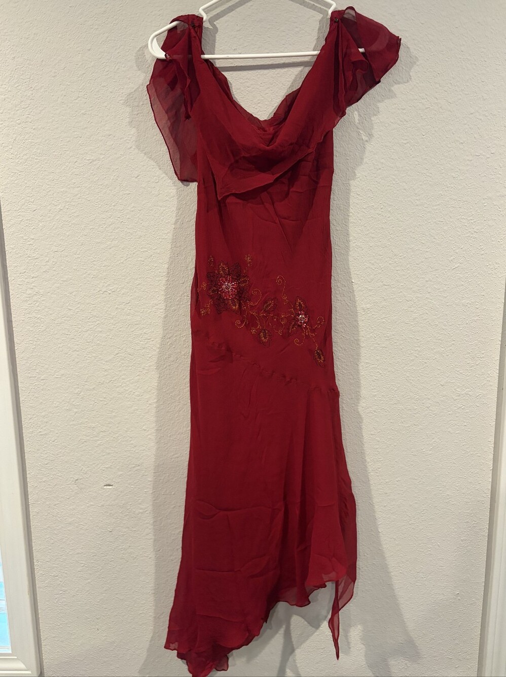 Robbie Bee Womens Vintage Y2K 100% Silk Floral Beaded Assymetrical Midi Dress 10